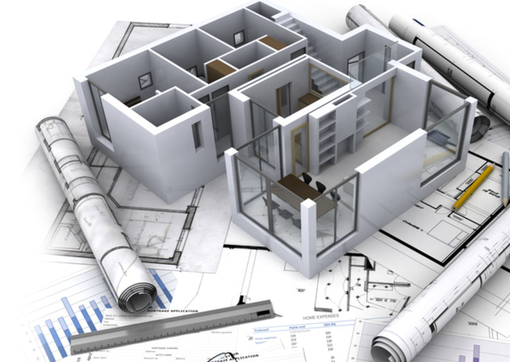 Maqueta digital de vivienda sobre planos